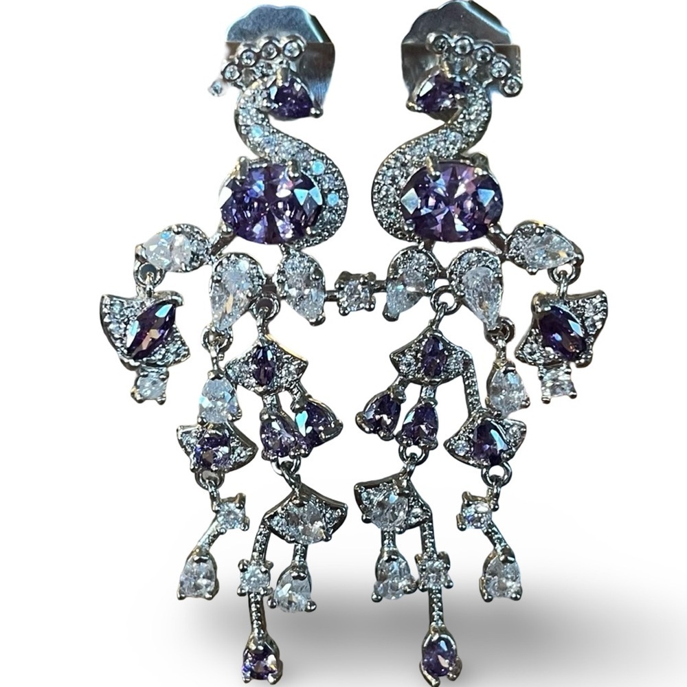 Silver and Purple Peacock Dangle Earrings